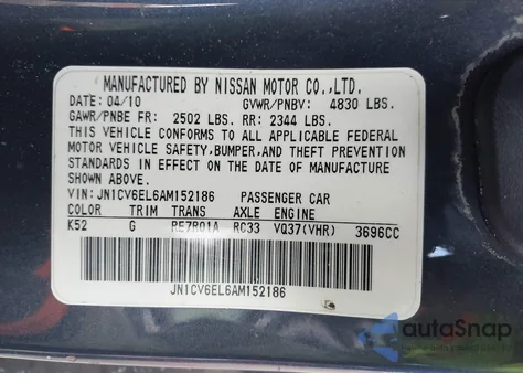 2010 Infiniti G37X из США, поврежденный, VIN JN1CV6EL6AM152186